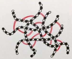 三次元的に架橋（赤線部）されているヒアルロン酸